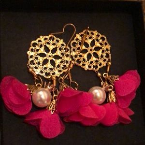 Pink with Gold Flowered Pearl Earrings - 2in